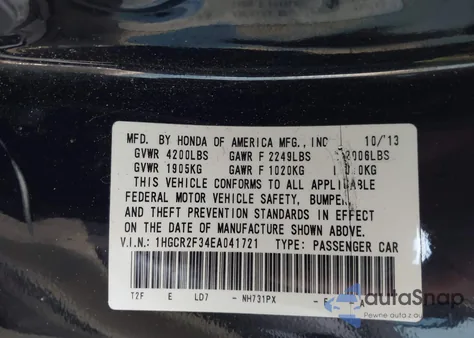 2014 Honda Accord Lx из США, поврежденный, VIN 1HGCR2F34EA041721